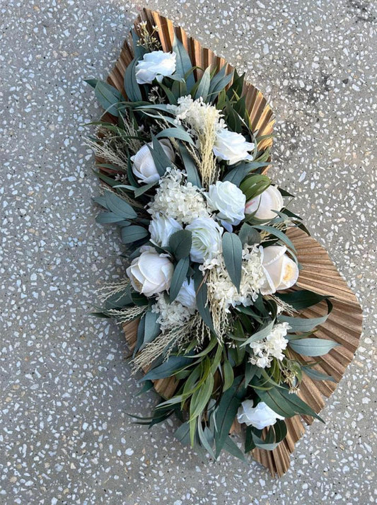 DIY Hire Rockhampton 2pc Set - Artificial Wedding Arch Swag Set - Dried Palm/Gum Leaf/White Roses Rockhampton Vintage Hire