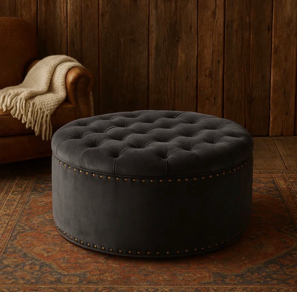Ottoman Large Round Tufted Grey