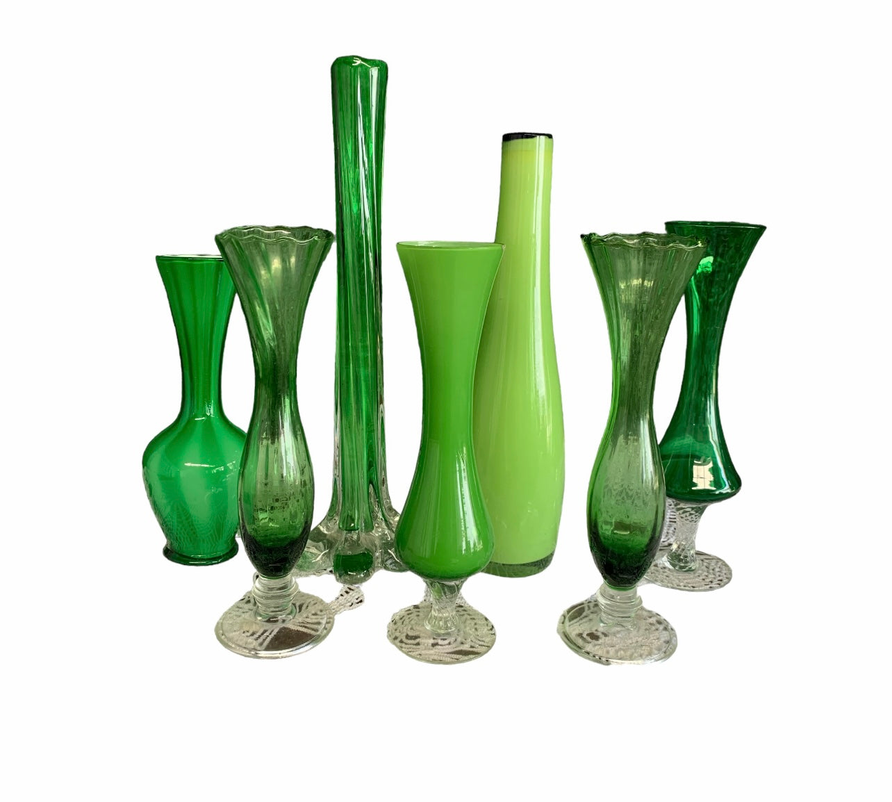Vintage Vases Mixed Sizes - Green x7 Wedding & Event Hire Rockhampton Vintage Hire