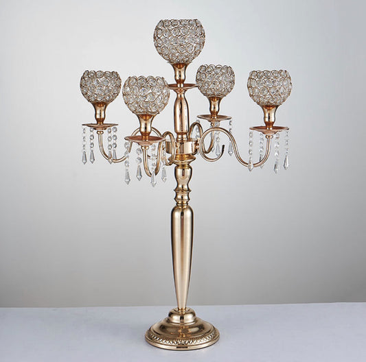 Candelabras - Gold 5 Arm Crystal Ball Style 90cm tall x6 Available Wedding & Event Hire Rockhampton Vintage Hire