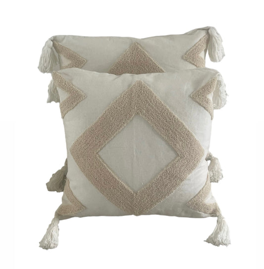 Standard Square Cushions - Cream Beige Tufted Diamond Pattern With Tassels x 2 Bundle Rockhampton Vintage Hire