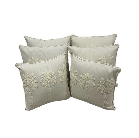 Standard Square Cushions - White Tufted Palm Tree Designs x 6 Bundle Rockhampton Vintage Hire