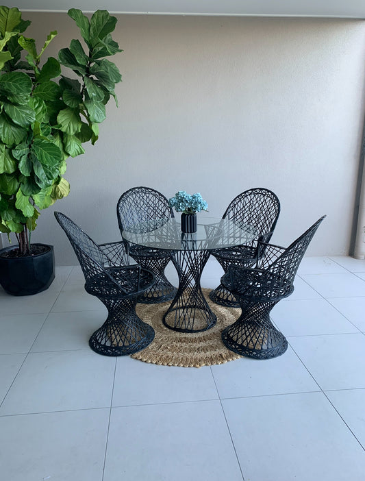 Russell Woodard Vintage Seating Zone Package - Black Dining Table & Chairs Set 5-Piece Rockhampton Vintage Hire 