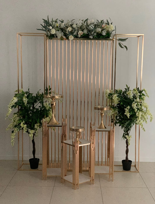 Luxe Rose Gold Backdrop Screen, flower towers & Flower Stands 6-Piece Set Rockhampton Vintage Hire