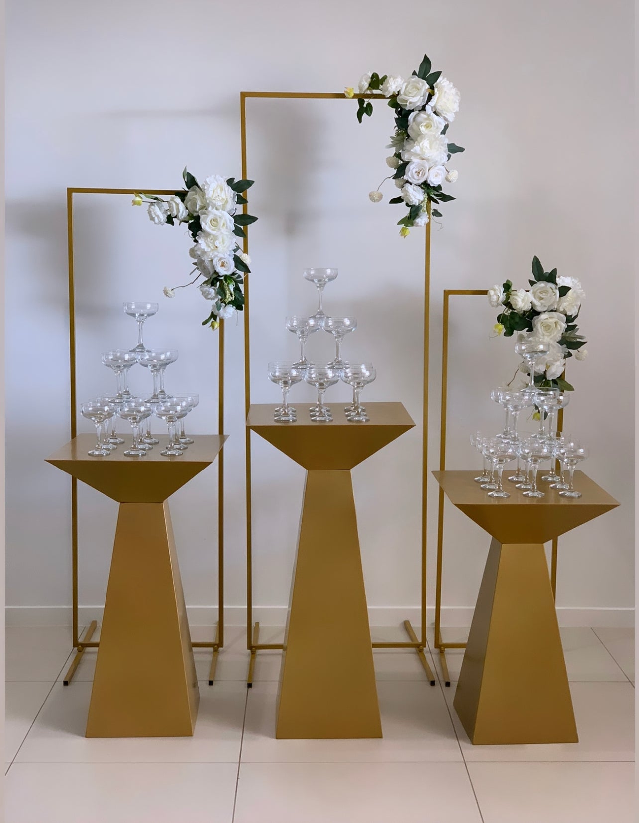 Backdrop Arches, Table & Champayne Coupes Package - Gold Rockhampton Vintage Hire