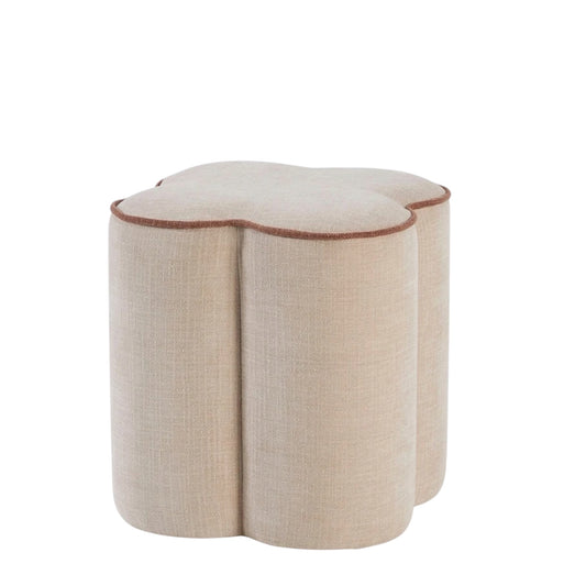 Juno Ottomans upholstered in a stunning natural textured fabric, the sculptural silhouette of the Juno brings a touch of whimsy while maintaining a refined, modern edge. With a piped edge detailing outlining each petal-like curve, this upholstered ottoman is perfect as a footrest, extra seating or a decorative accent.  Rockhampton Vintage Hire