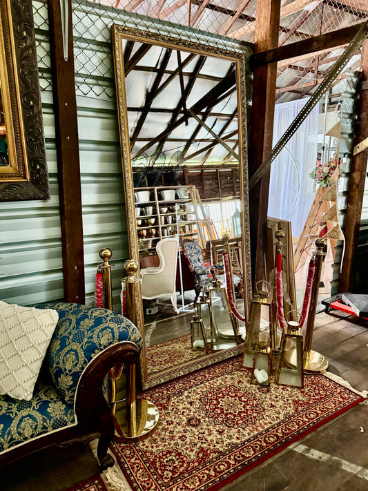 Floor standing gold frame extra large mirror, perfect for photo booth and event seating plans. Rockhampton Vintage Hire