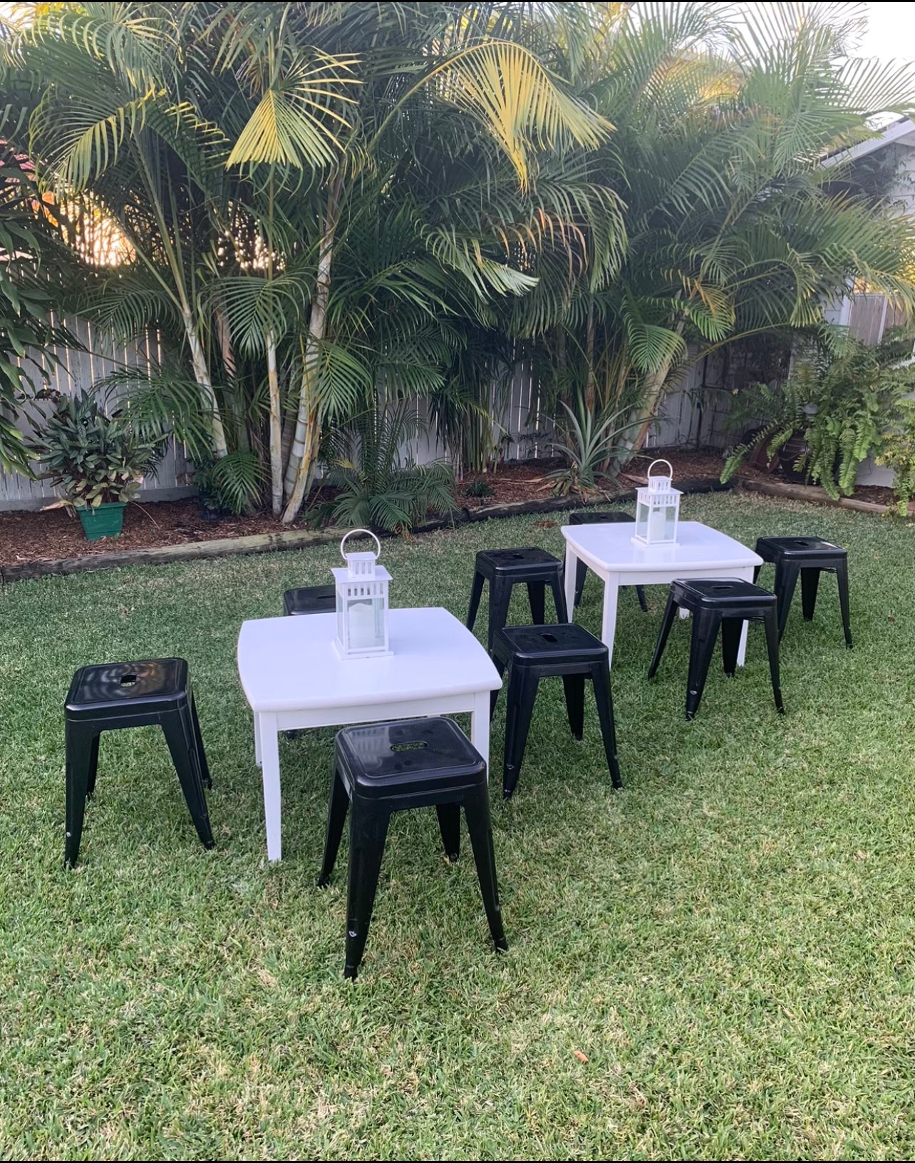 Low Table Stools Low White Tables + Stools + Lanterns x 12 Bundle – rockhampton-vintage-hire