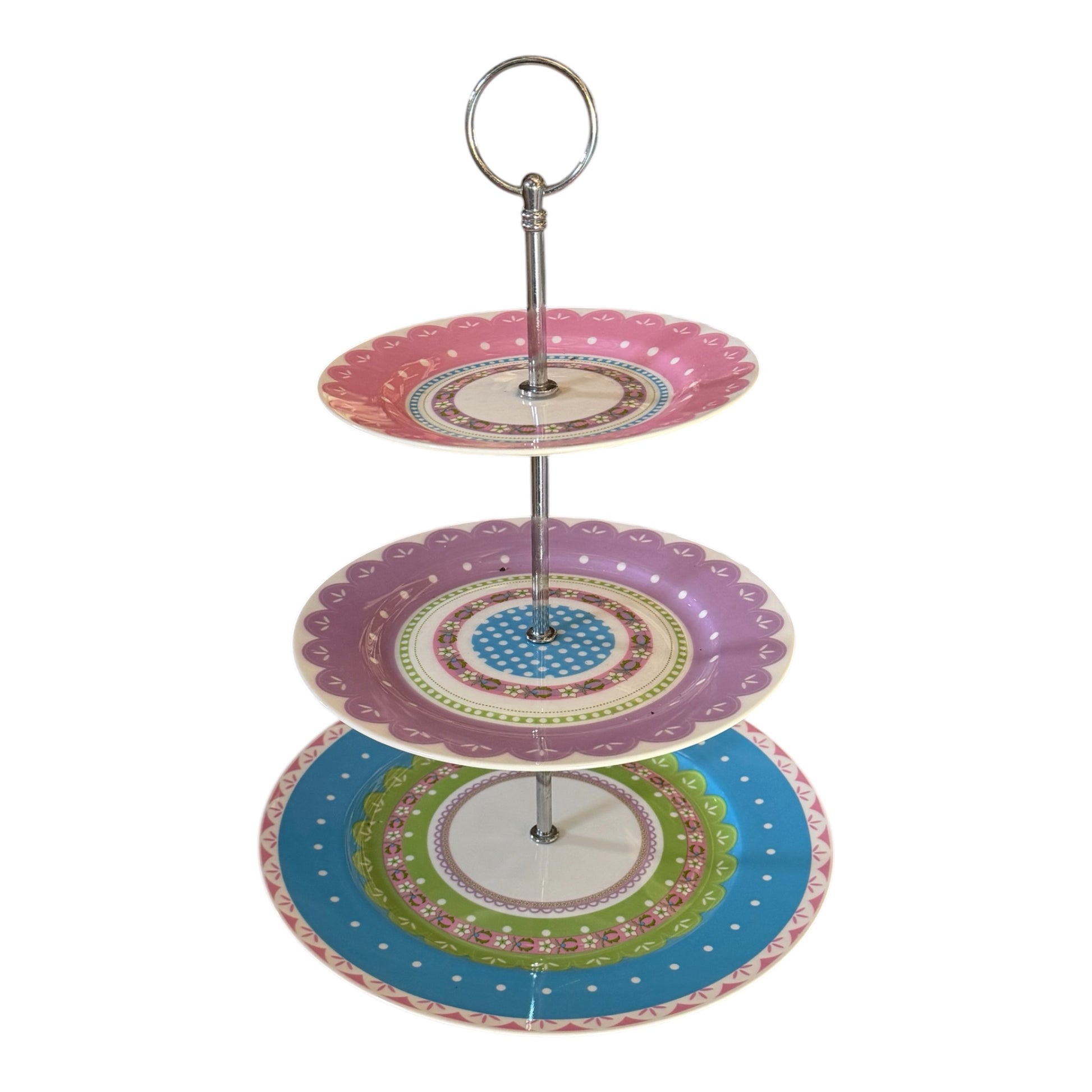 3 x available Pink, Purple & Blue 3-Tier Cake Stand with a center tier rod and carry ring. Rockhampton Vintage Hire Weddings, events