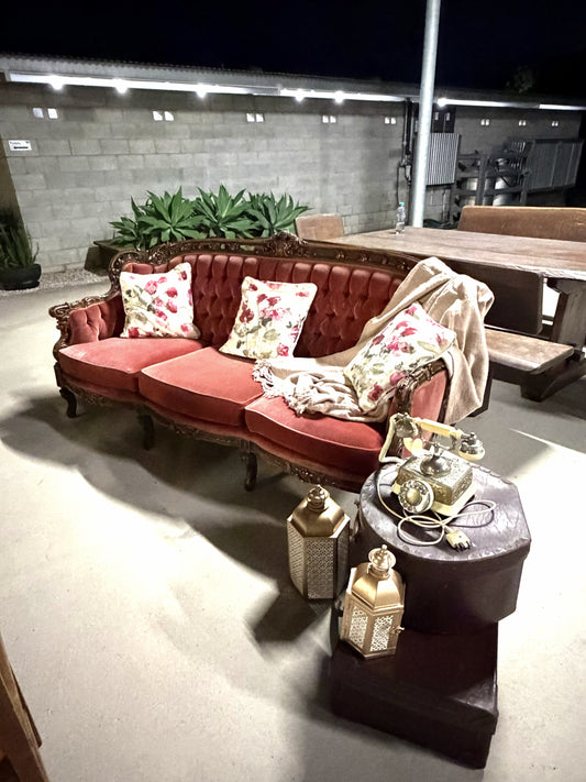 RVH Couch - Vintage Velvet Dusty Pink Wedding & Event Rockhampton Vintage Hire Weddings Rockhampton