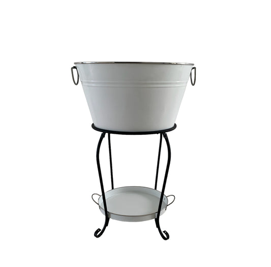 RVH Large oval shape drinks cooler tub includes drip tray sits on black frame stand Rockhampton Vintage Hire