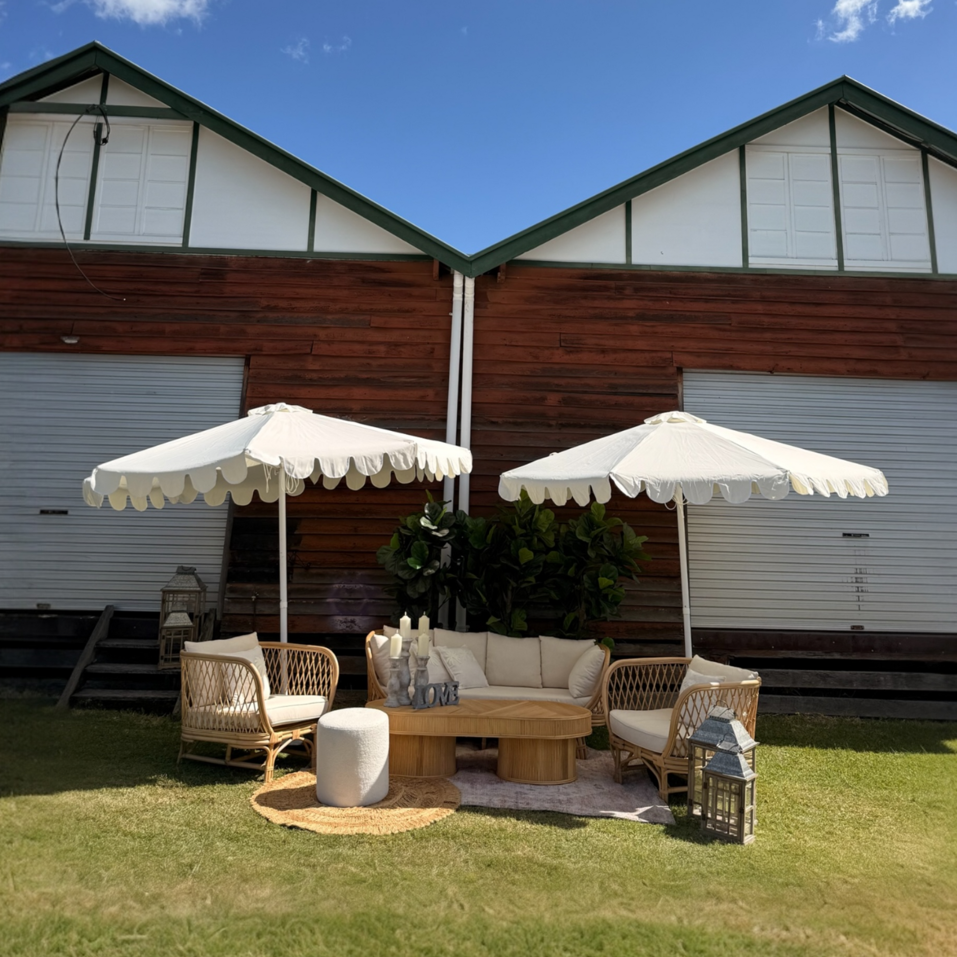 Seating Zone Package - Rattan 3-seater Lounge, armchairs & table 4-Piece Setting. Rockhampton Vintage Hire