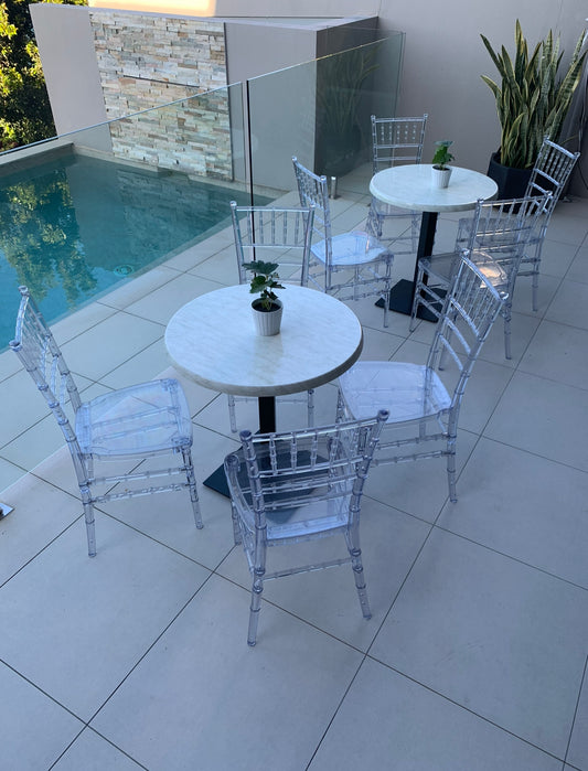 Round Cafe Tables + Tiffany Chairs 5-Piece Package x7 Tables Available Rockhampton Vintage Hire