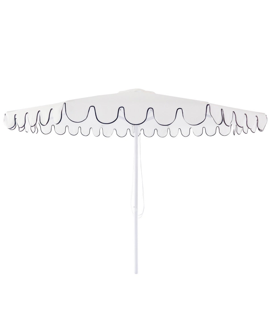 Scalloped Outdoor Umbrella White With Black Trim. Rockhampton Vintage Hire 