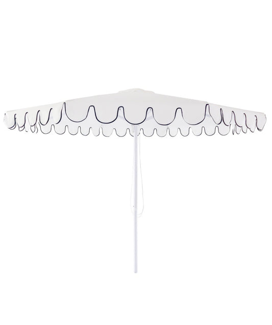 Scalloped Outdoor Umbrella White With Black Trim. Rockhampton Vintage Hire 