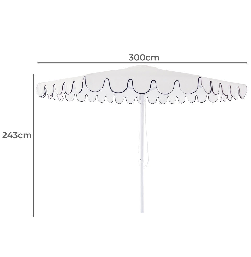 Scalloped Outdoor Umbrella White With Black Trim. Rockhampton Vintage Hire 