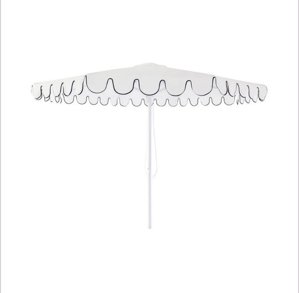 Scalloped Outdoor Umbrella White With Black Trim. Rockhampton Vintage Hire 