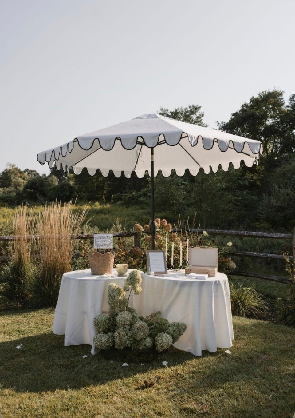 Scalloped Outdoor Umbrella White With Black Trim. Rockhampton Vintage Hire 