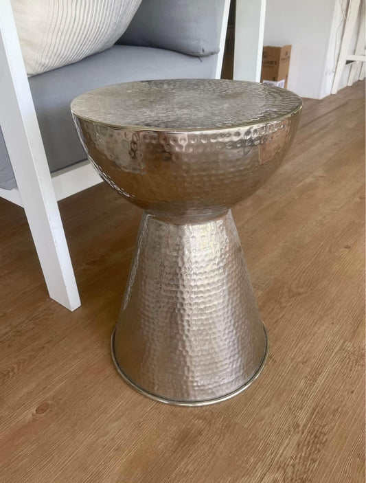 Table - Silver Pressed Metal Stool Table Rockhampton Vintage Hire