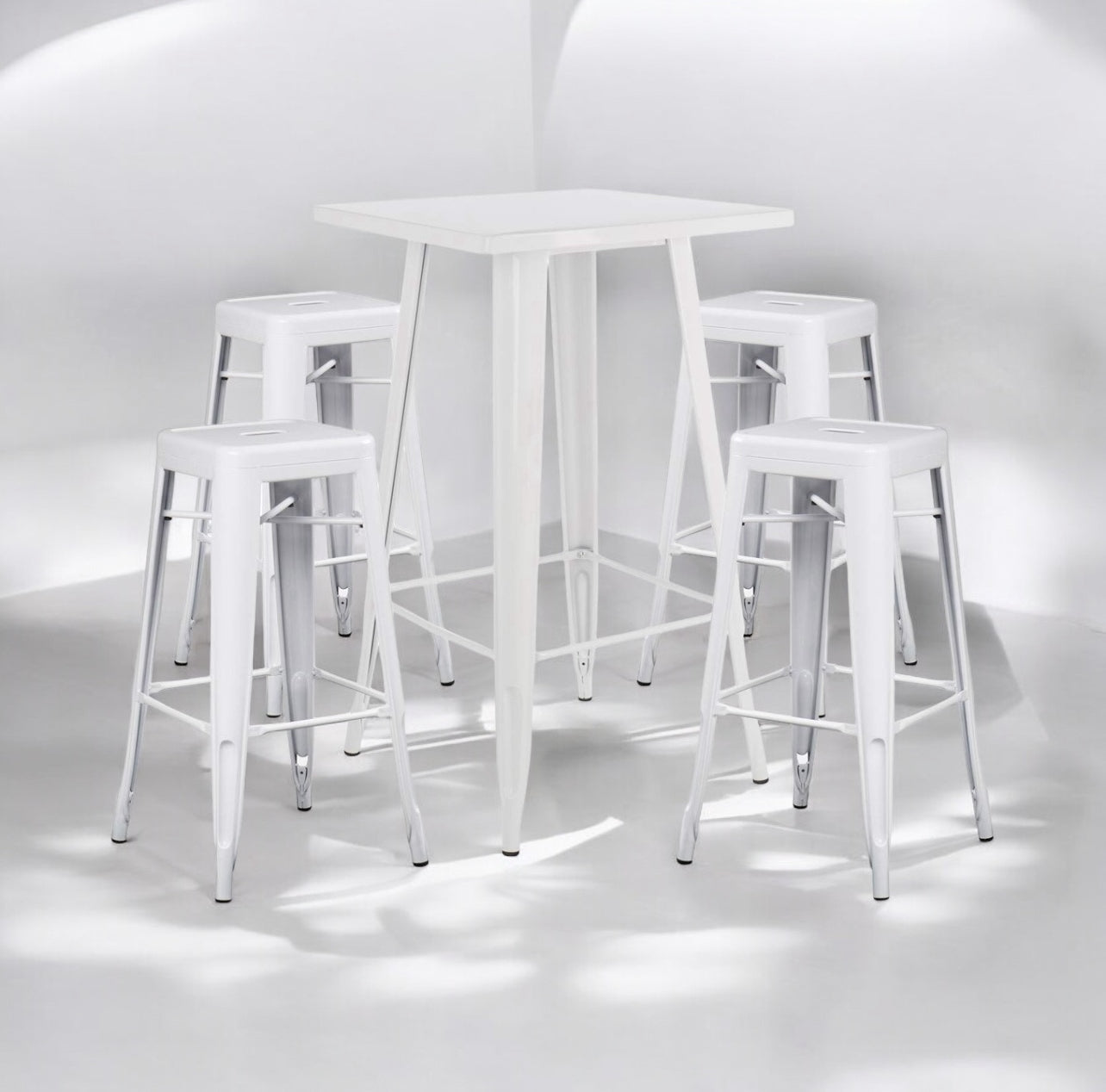 RVH Tolix Dry Bars & Stools 5-Piece Set - White x6 Sets Available Rockhampton Vintage Hire Weddings Rockhampton Bar Hire