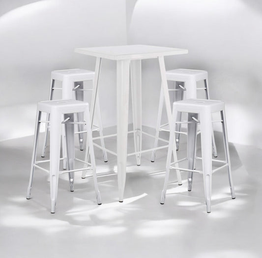 RVH Tolix Dry Bars & Stools 5-Piece Set - White x6 Sets Available Rockhampton Vintage Hire Weddings Rockhampton Bar Hire