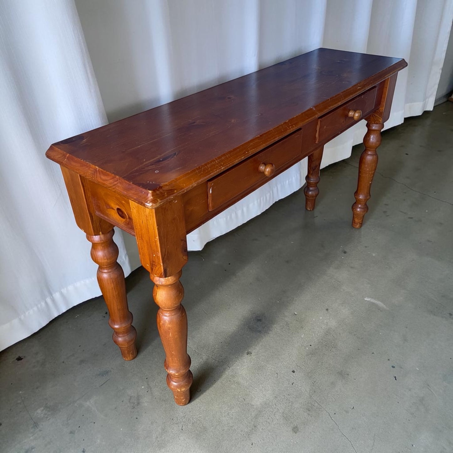 Vintage Pine Signing Table With Turned Legs & Drawers. Rockhampton Vintage Hire