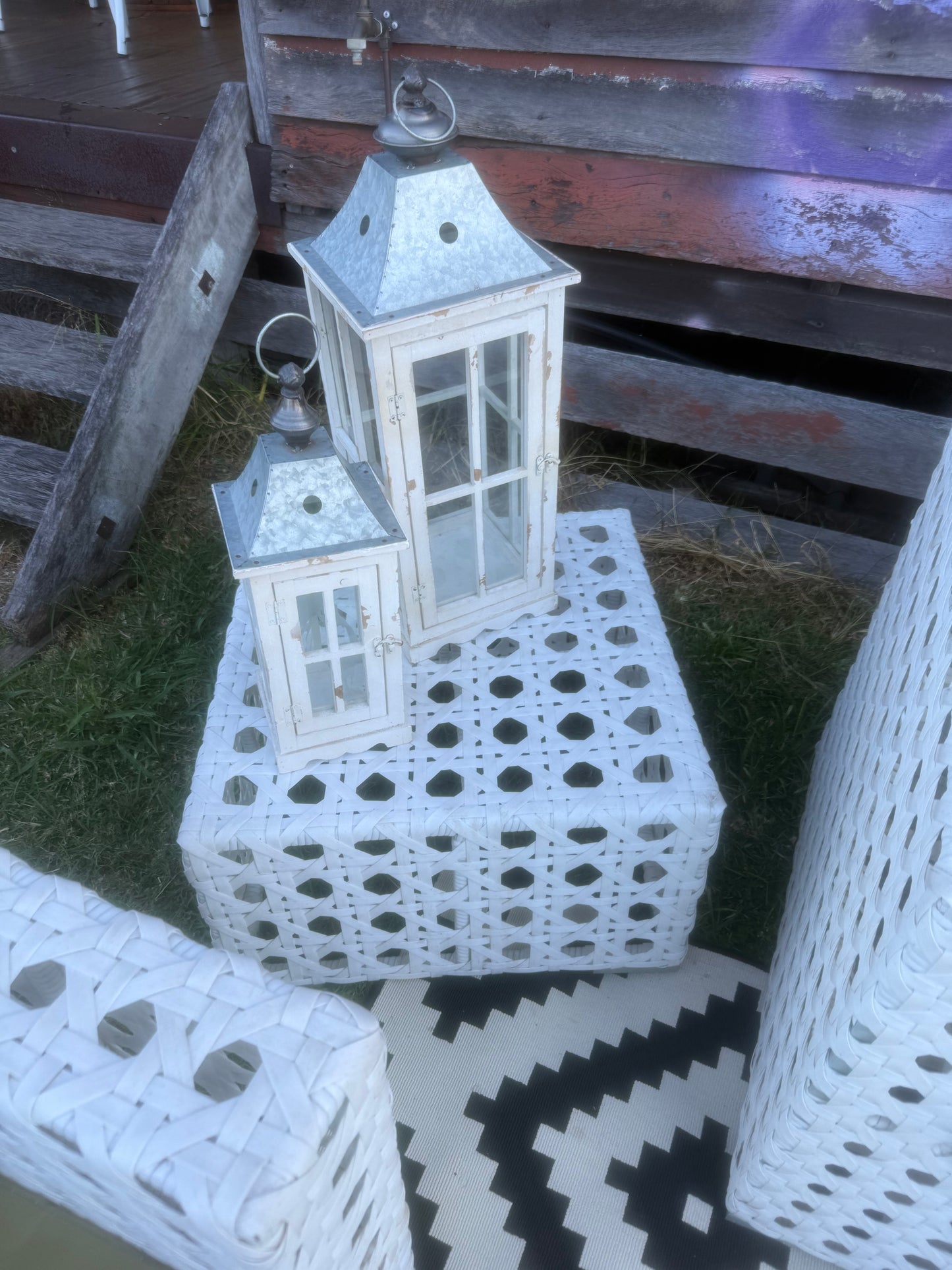 White Coffee Table Woven Geometric Square. Rockhampton Vintage Hire