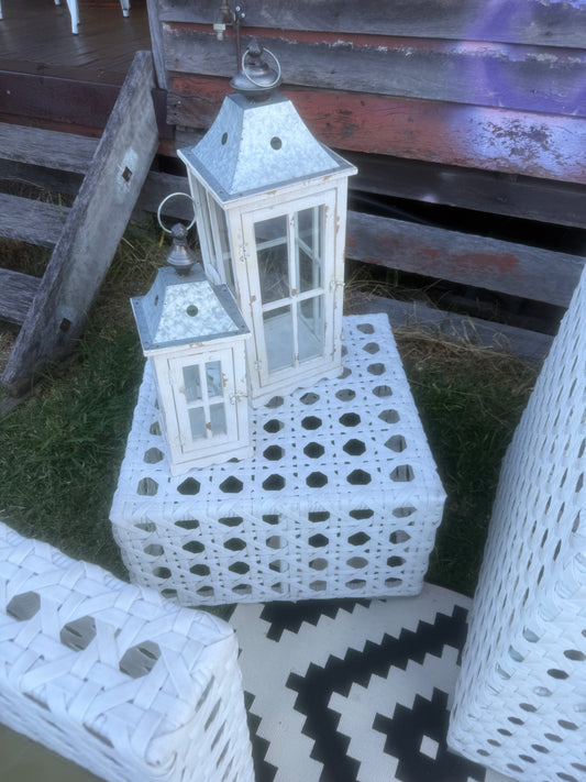 White Coffee Table Woven Geometric Square. Rockhampton Vintage Hire