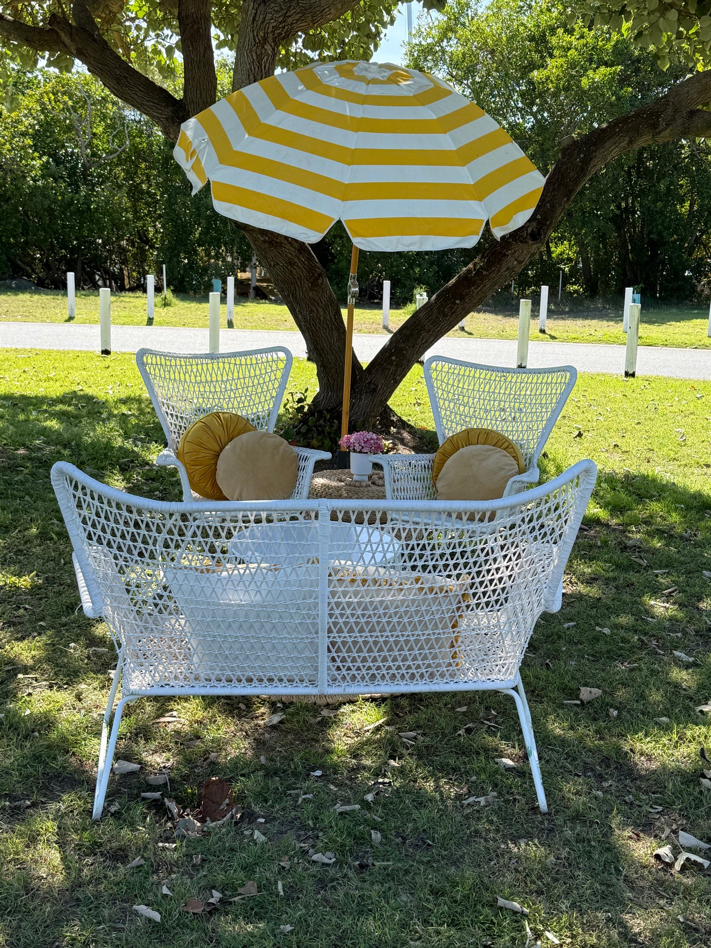Seating Zone Package - White Mesh Lounge, Chairs & metal round coffee table 4-Piece Setting. Rockhampton Vintage Hire
