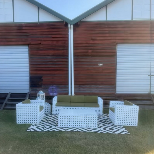 Seating Zone Package - White Woven Lounge, armchairs with olive green seat cushions &amp; tables 5-Piece Setting. Rockhampton Vintage Hire