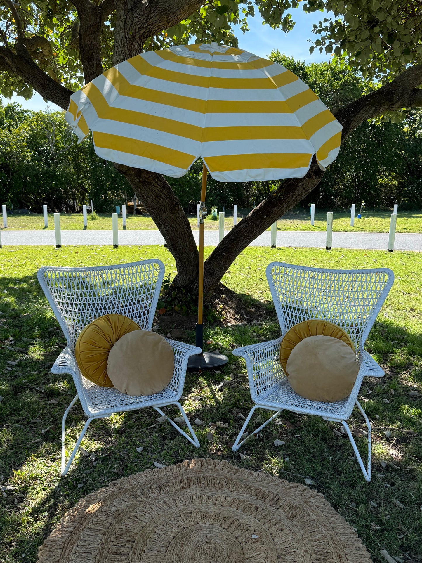 White Woven Mesh Armchairs will suit indoor and outdoor events. Rockhampton Vintage Hire