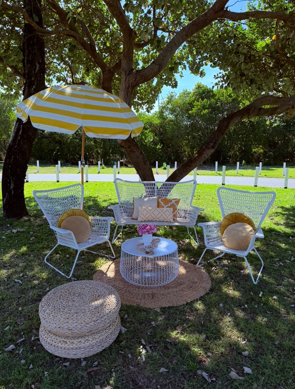 Seating Zone Package - White Mesh Lounge, Chairs & metal round coffee table 4-Piece Setting. Rockhampton Vintage Hire