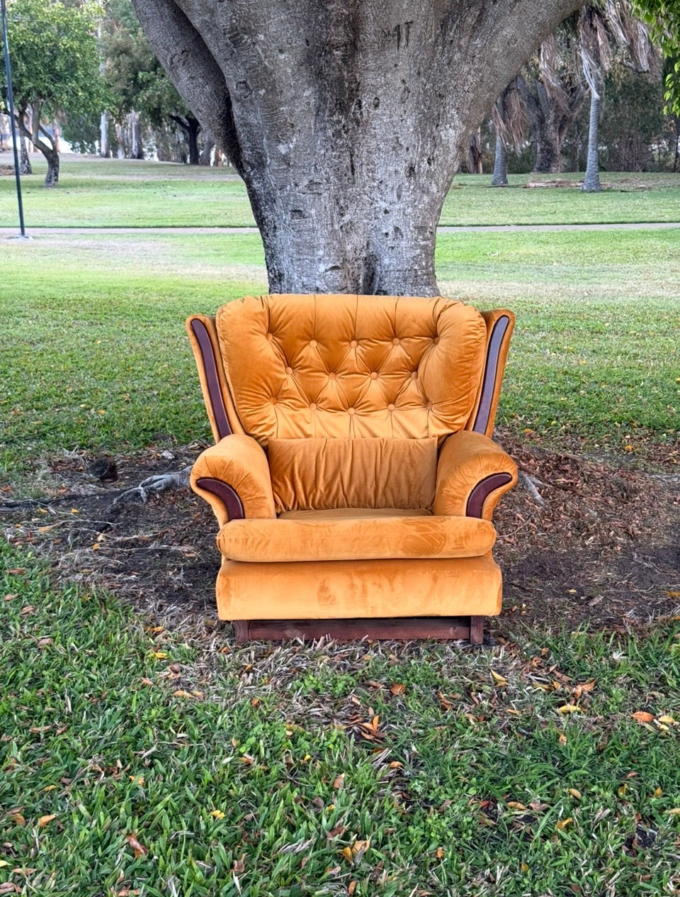 Mid-Century retro lounge setting, Marigold Wingback Velvet Loveseat & Rocking Chair. Rockhampton Vintage hire Weddings, events, parties.  Hire Vintage lounge Rockhampton