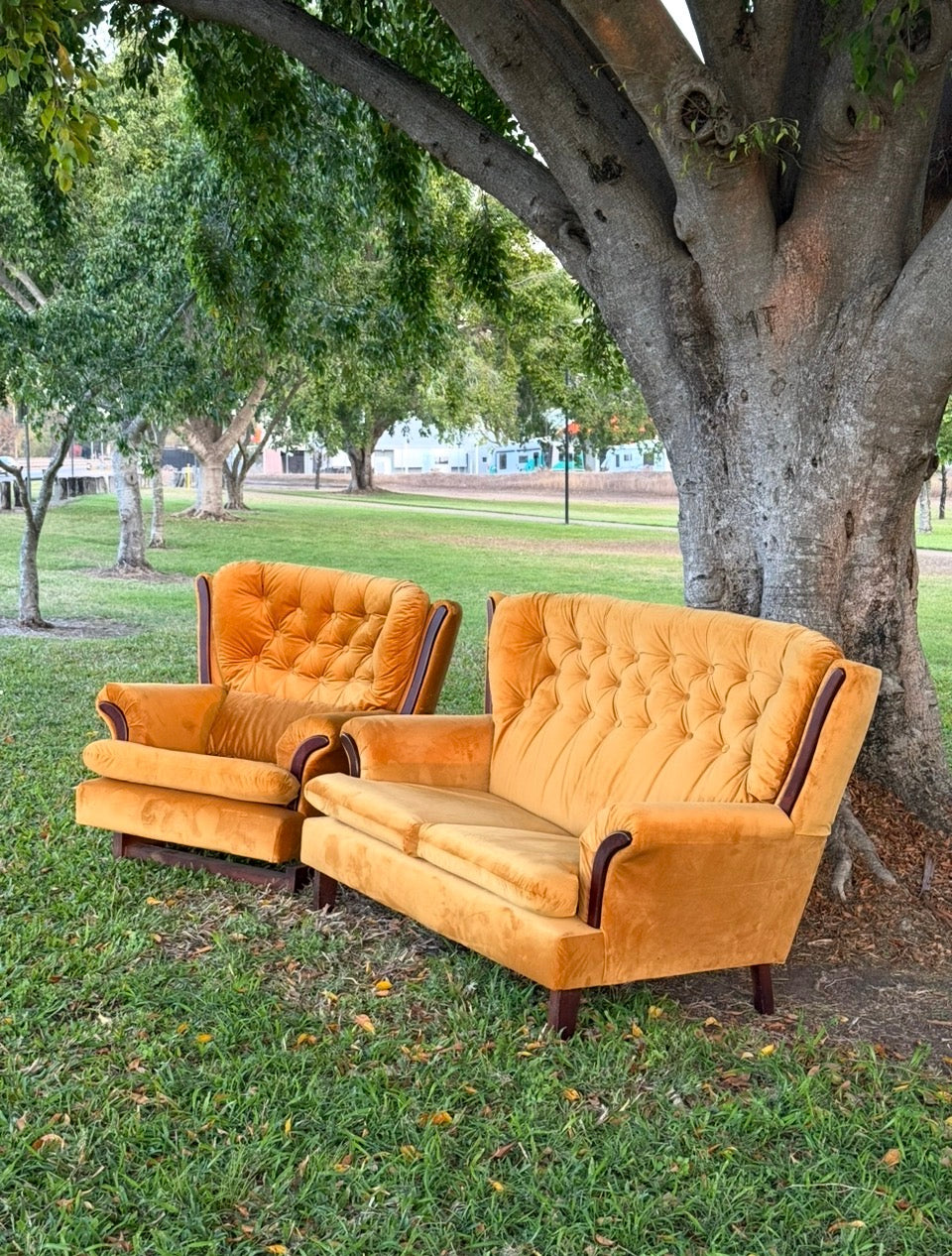 Mid-Century retro lounge setting, Marigold Wingback Velvet Loveseat & Rocking Chair. Rockhampton Vintage hire Weddings, events, parties.  Hire Vintage lounge Rockhampton