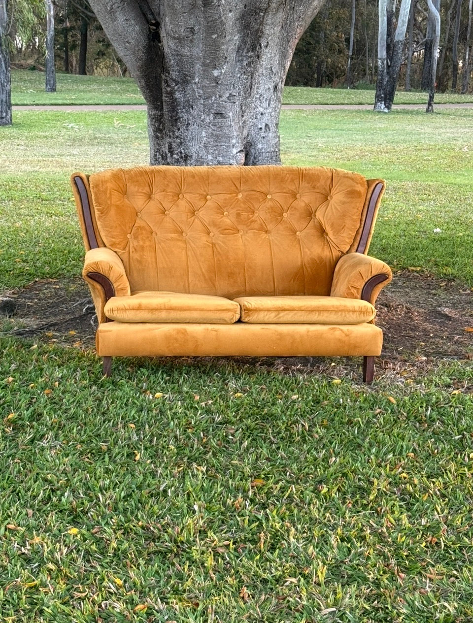 Mid-Century retro lounge setting, Marigold Wingback Velvet Loveseat & Rocking Chair. Rockhampton Vintage hire Weddings, events, parties.  Hire Vintage lounge Rockhampton
