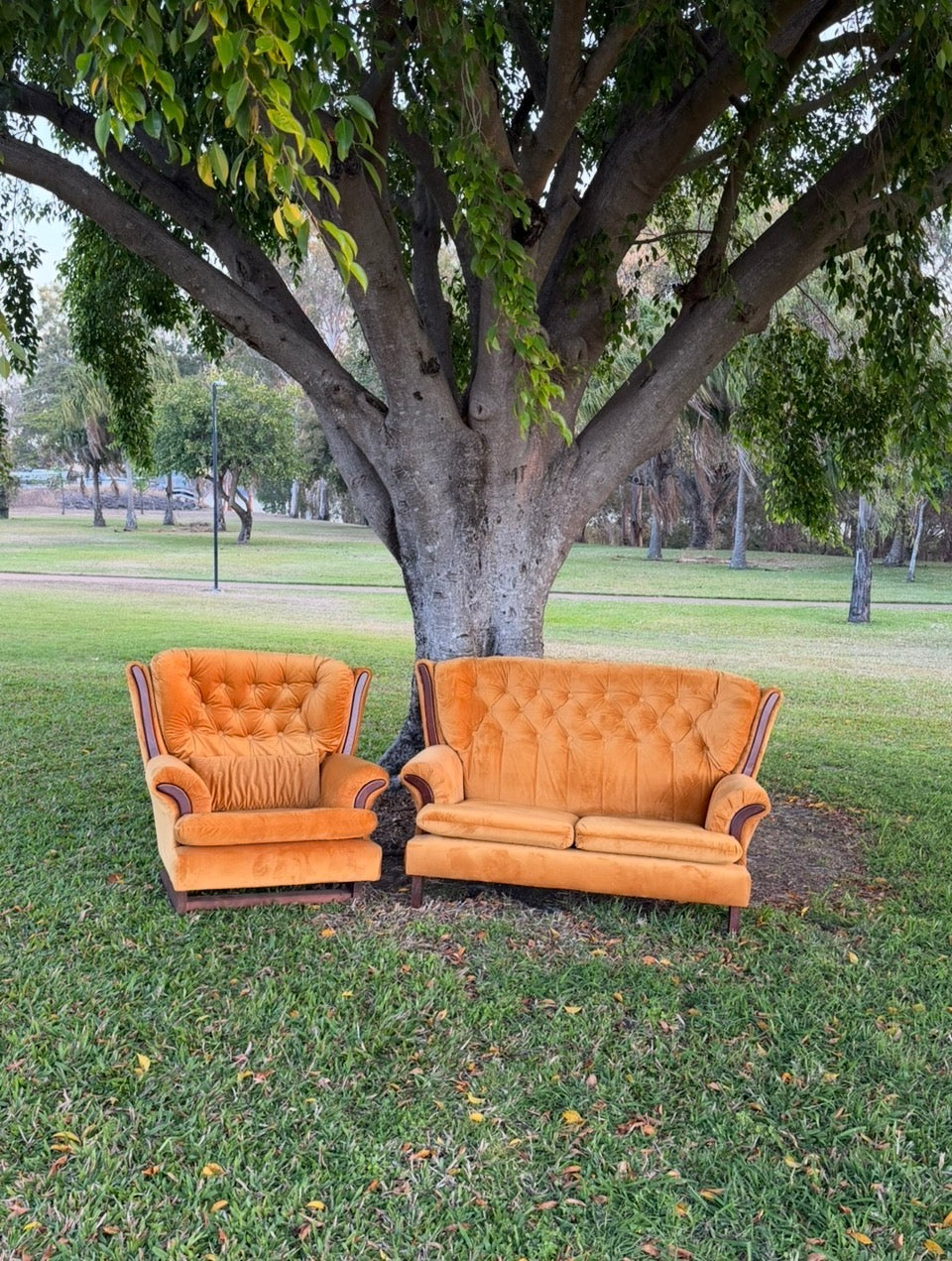 Mid-Century retro lounge setting, Marigold Wingback Velvet Loveseat & Rocking Chair. Rockhampton Vintage hire Weddings, events, parties.  Hire Vintage lounge Rockhampton