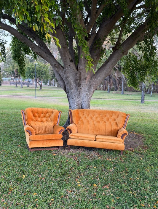 Mid-Century retro lounge setting, Marigold Wingback Velvet Loveseat & Rocking Chair. Rockhampton Vintage hire Weddings, events, parties.  Hire Vintage lounge Rockhampton