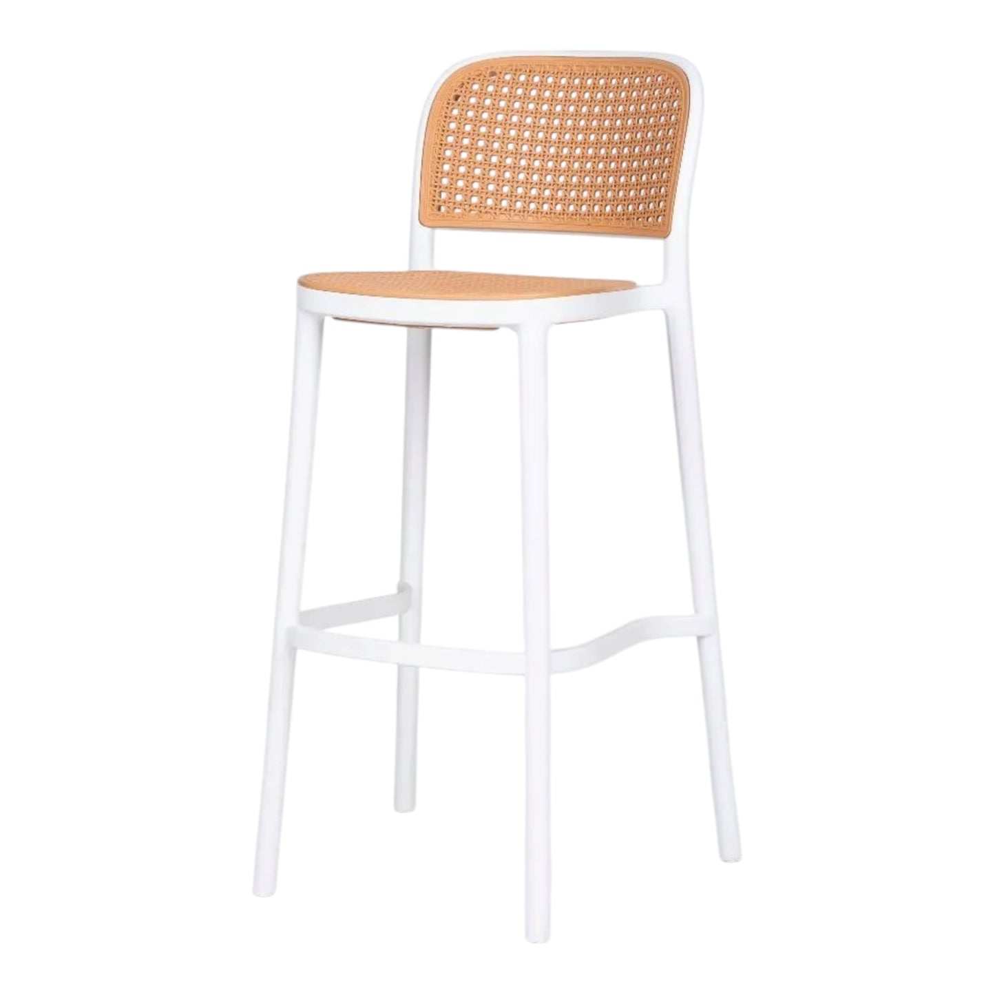 Zenith bar stools with white frame and natural rattan look seat. Lightweight and durable, made from Polypropylene plastic, suitable for both indoor and outdoor events. Rockhampton Vintage Hire