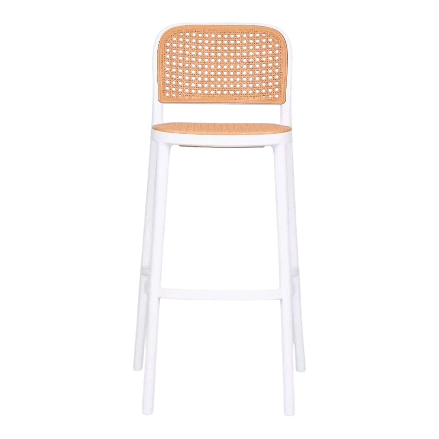 Zenith bar stools with white frame and natural rattan look seat. Lightweight and durable, made from Polypropylene plastic, suitable for both indoor and outdoor events. Rockhampton Vintage Hire