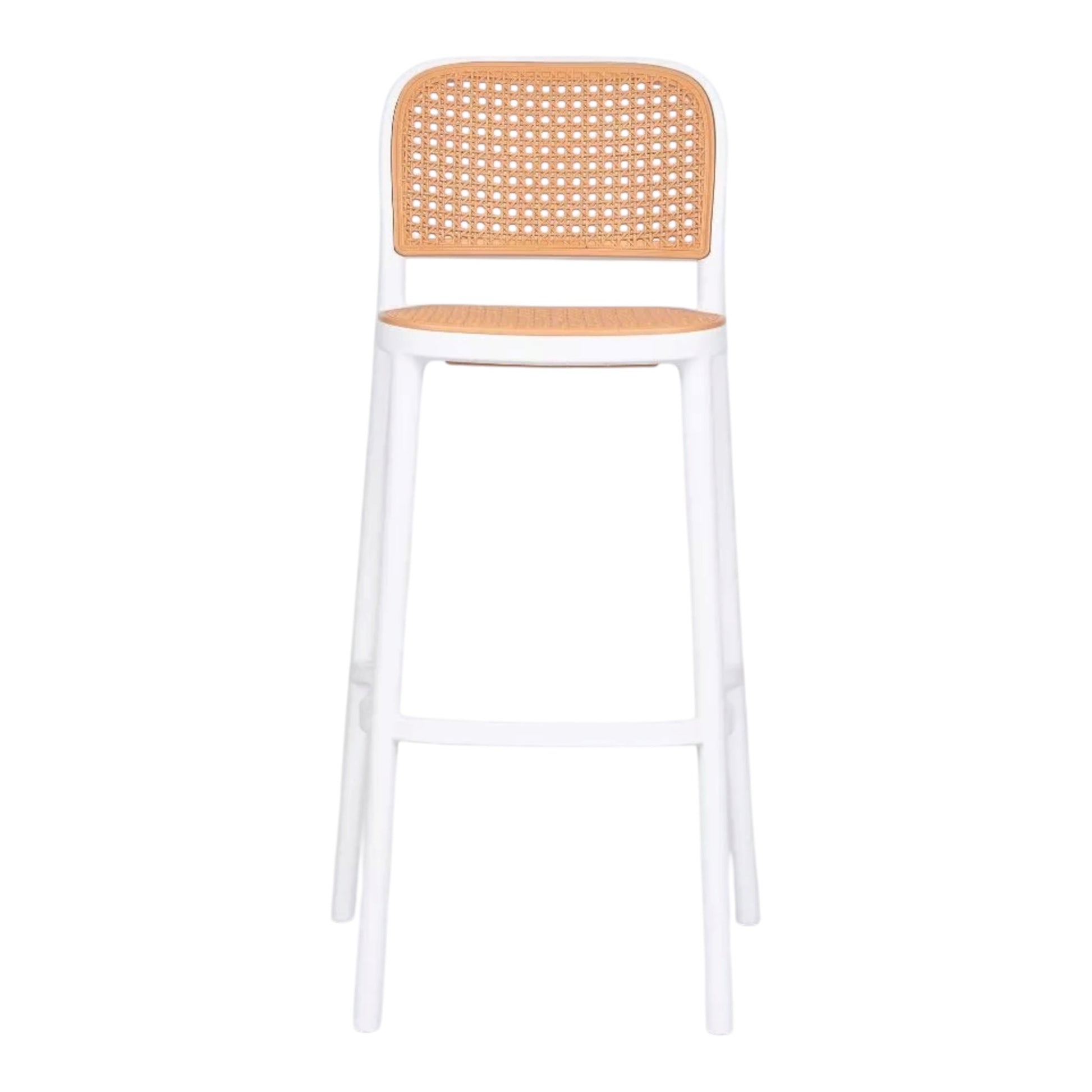 Zenith bar stools with white frame and natural rattan look seat. Lightweight and durable, made from Polypropylene plastic, suitable for both indoor and outdoor events. Rockhampton Vintage Hire