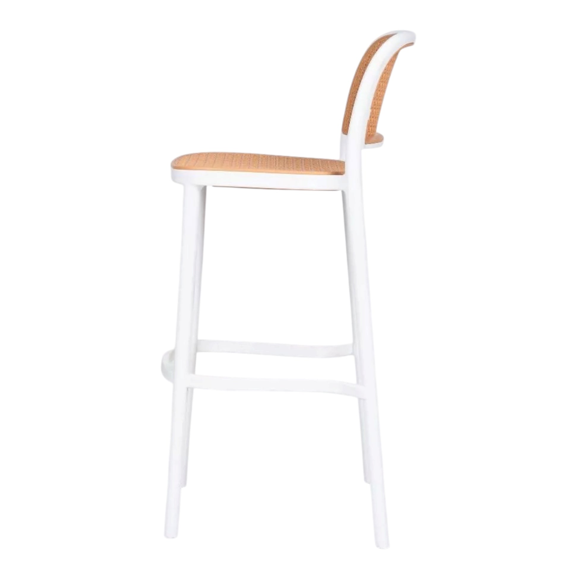 Zenith bar stools with white frame and natural rattan look seat. Lightweight and durable, made from Polypropylene plastic, suitable for both indoor and outdoor events. Rockhampton Vintage Hire