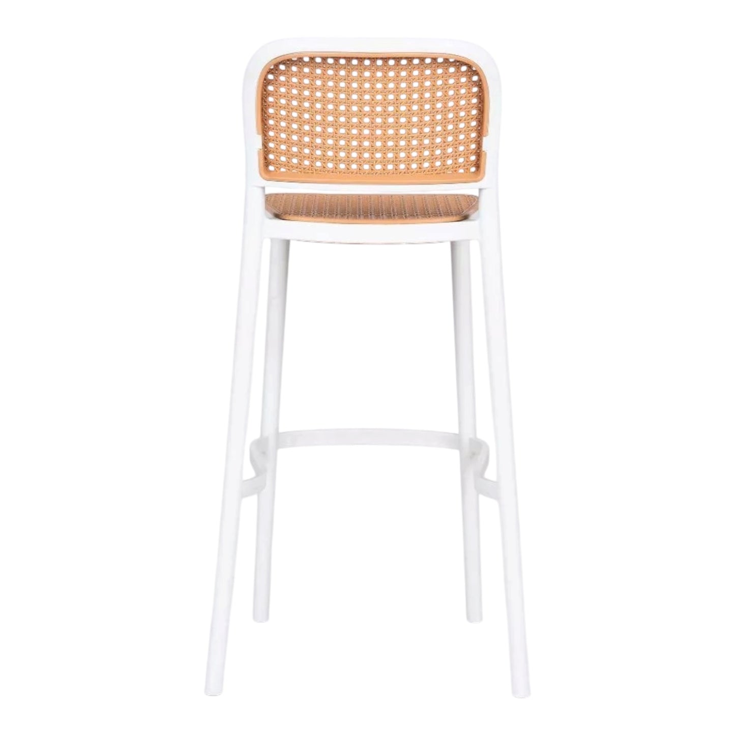 Zenith bar stools with white frame and natural rattan look seat. Lightweight and durable, made from Polypropylene plastic, suitable for both indoor and outdoor events. Rockhampton Vintage Hire