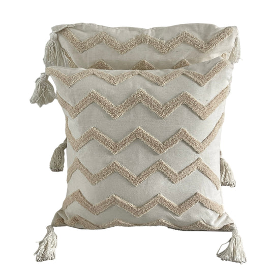 Standard Square Cushions - Cream Beige Tufted Zig Zag Pattern With Tassels x 2 Bundle Rockhampton Vintage Hire