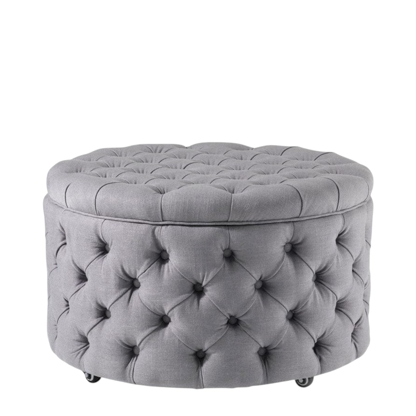 Round Light Grey linen Ottoman event hire Rockhampton Vintage Hire