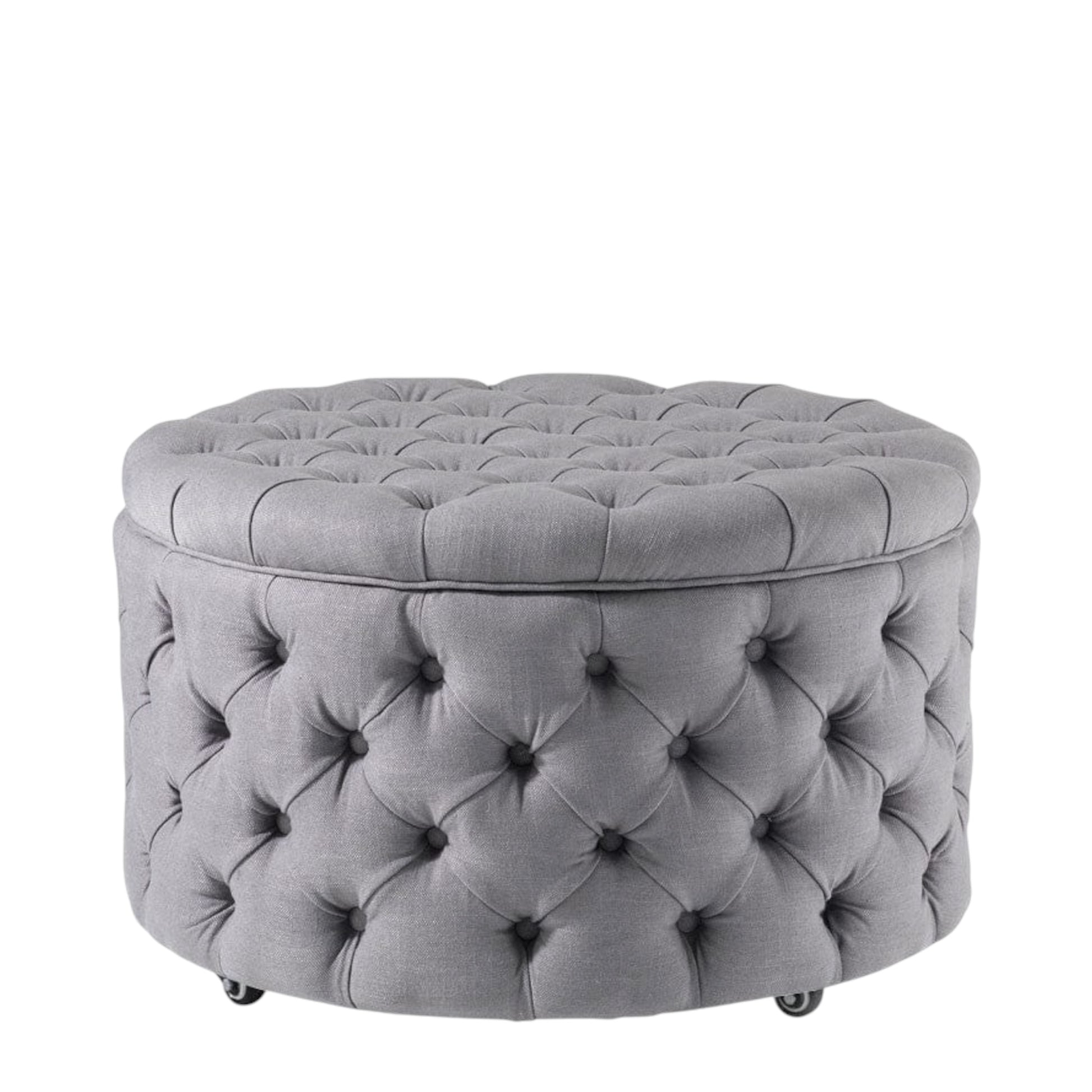 Round Light Grey linen Ottoman event hire Rockhampton Vintage Hire