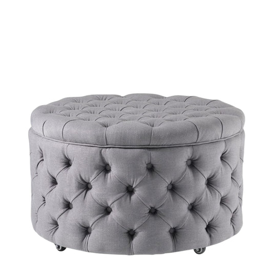Round Light Grey linen Ottoman event hire Rockhampton Vintage Hire