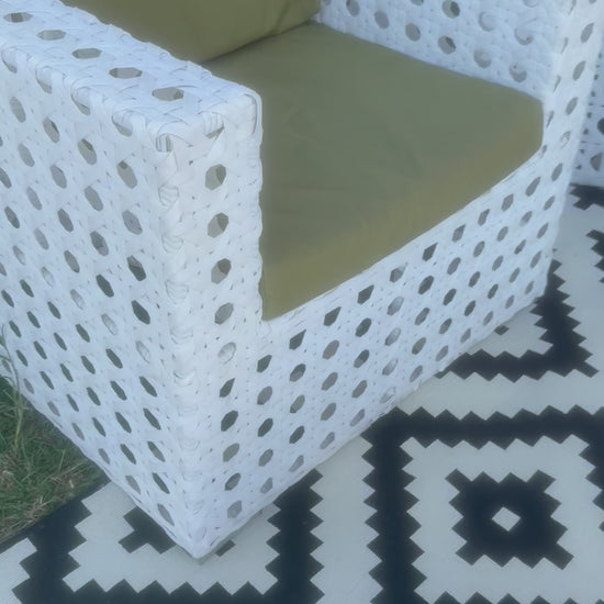 White Woven Lounge, armchairs with olive green seat cushions & tables 5-Piece Setting. Rockhampton Vintage Hire