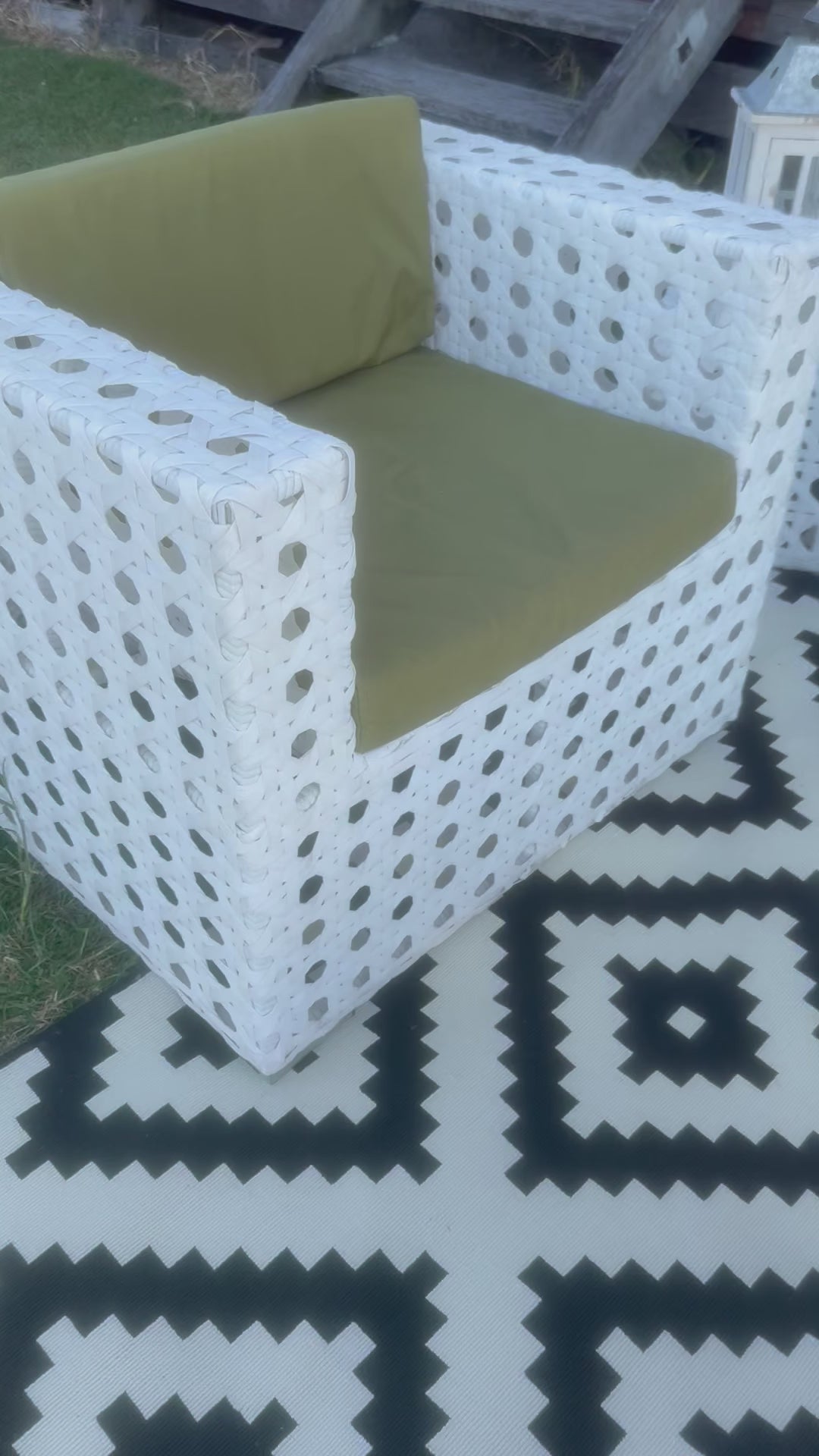 White Woven Lounge, armchairs with olive green seat cushions & tables 5-Piece Setting. Rockhampton Vintage Hire