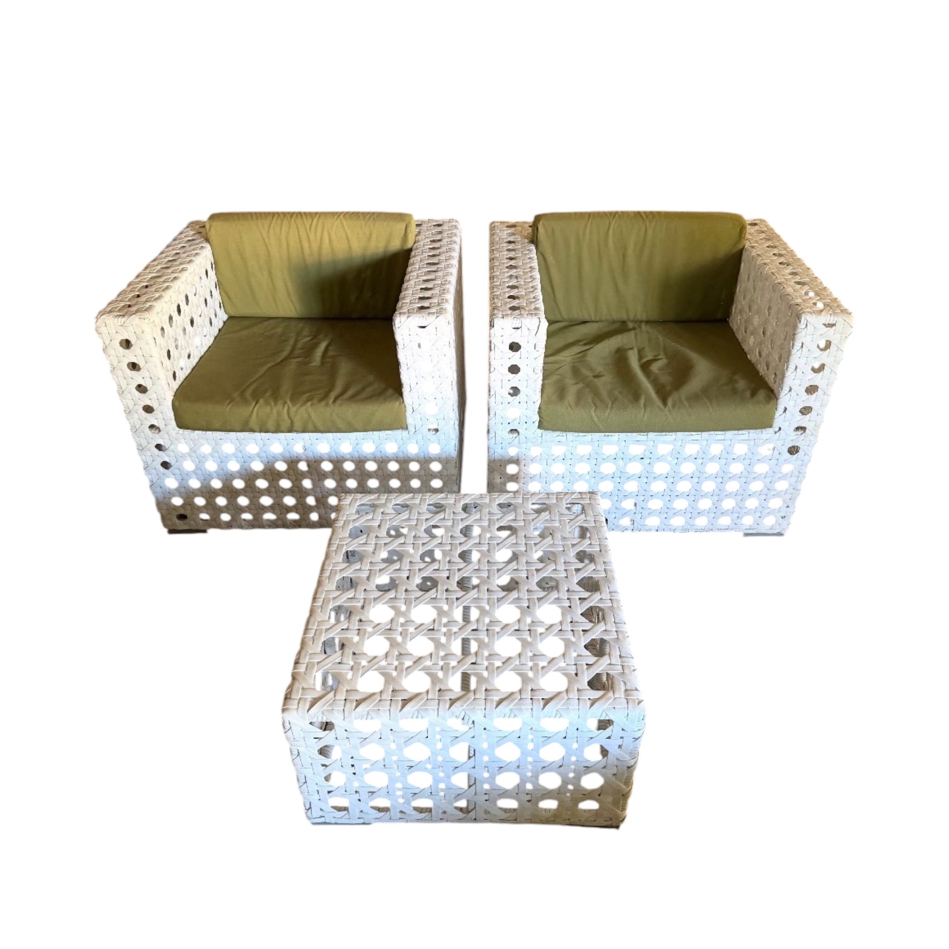 White Coffee Table & two armchairs 3-piece setting Woven Geometric Square. Rockhampton Vintage Hire