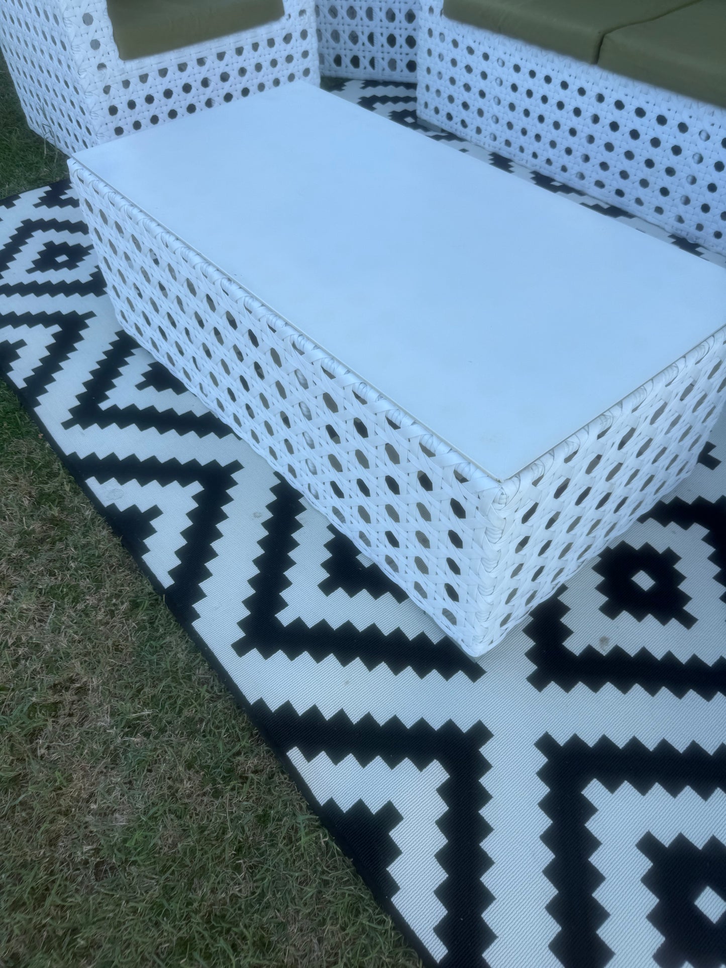 Rectangular coffee table with woven geometric cutout design - can be styled with our lounges and occasional chairs. Rockhampton Vintage Hire